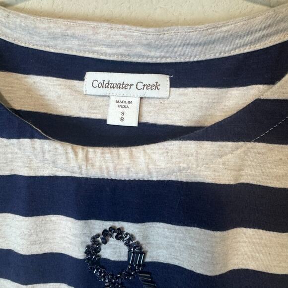 Coldwater Creek Breton Stripe Top Beaded sequins Shirt Size S/8 Nautical Anchor - Picture 3 of 8